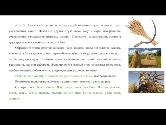 4 – 5 .Расскажите детям о сельскохозяйственном труде человека: как выращивают