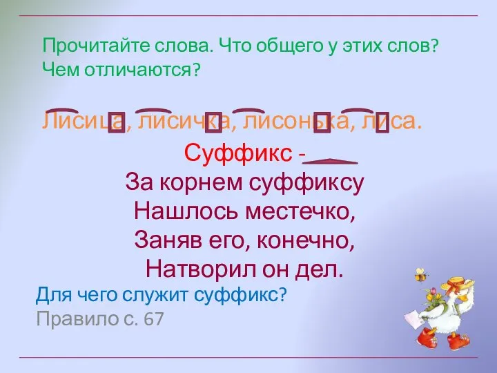 Прочитайте слова. Что общего у этих слов? Чем отличаются? Лисица, лисичка,