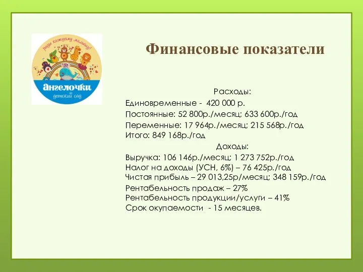 Финансовые показатели Расходы: Единовременные - 420 000 р. Постоянные: 52 800р./месяц;