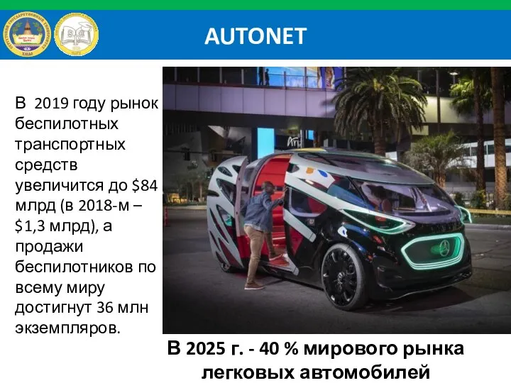 AUTONET В 2019 году рынок беспилотных транспортных средств увеличится до $84