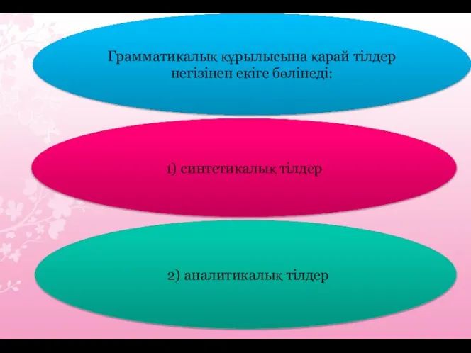 1) синтетикалық тілдер 2) аналитикалық тілдер Грамматикалық құрылысына қарай тілдер негізінен екіге бөлінеді: