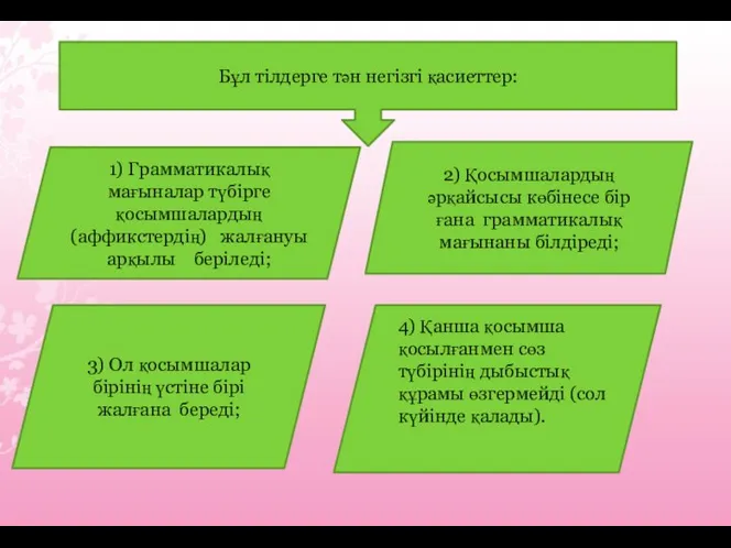 Бұл тілдерге тән негізгі қасиеттер: 3) Ол қосымшалар бірінің үстіне бірі