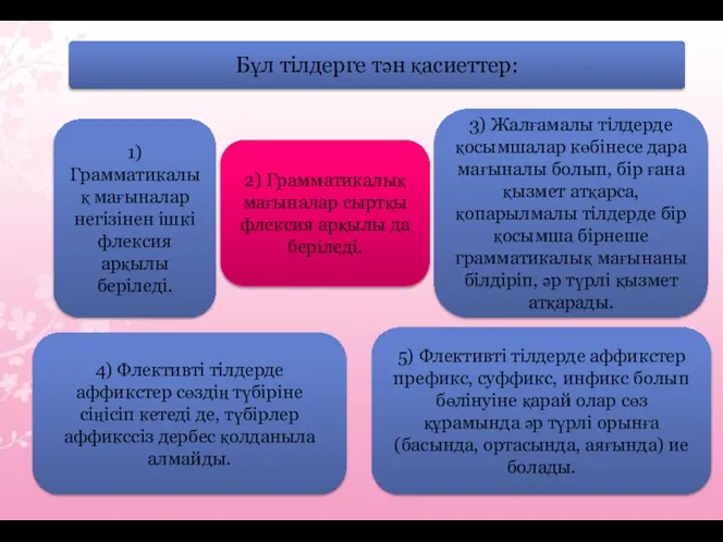 Бұл тілдерге тән қасиеттер: 1) Грамматикалық мағыналар негізінен ішкі флексия арқылы