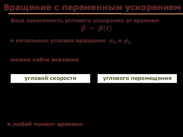 Вращение с переменным ускорением угловой скорости в любой момент времени можно найти значения углового перемещения