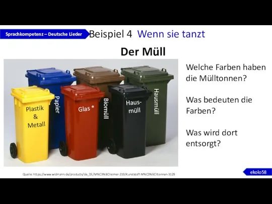 Der Müll Sprachkompetenz – Deutsche Lieder ekolo58 Quelle: https://www.widmann.de/products/de_DE/M%C3%BClleimer-219/Kunststoff-M%C3%BClltonnen-3129 Beispiel 4