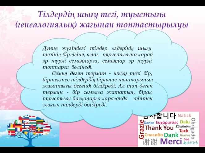 Тілдердің шығу тегі, туыстығы (генеалогиялық) жағынан топтастырылуы Дүние жүзіндегі тілдер өздерінің