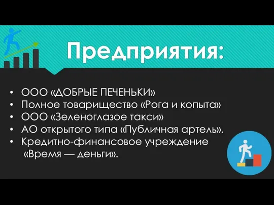 Предприятия: ООО «ДОБРЫЕ ПЕЧЕНЬКИ» Полное товарищество «Рога и копыта» ООО «Зеленоглазое