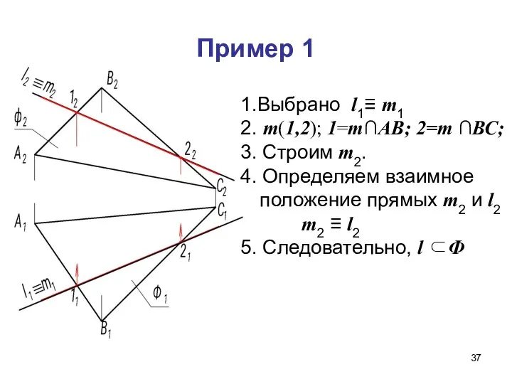 Пример 1 1.Выбрано l1≡ m1 2. m(1,2); 1=m∩АВ; 2=m ∩ВС; 3.