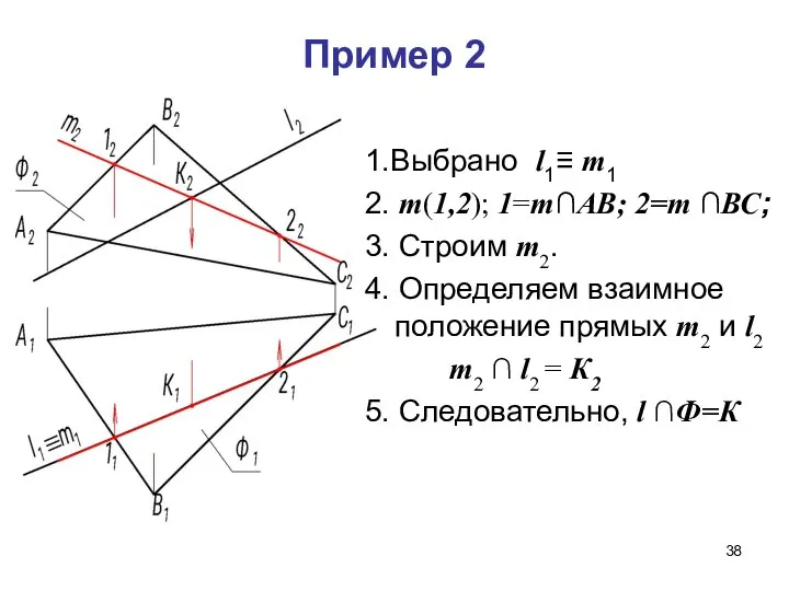 Пример 2 1.Выбрано l1≡ m1 2. m(1,2); 1=m∩АВ; 2=m ∩ВС; 3.
