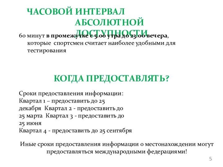 ЧАСОВОЙ ИНТЕРВАЛ АБСОЛЮТНОЙ ДОСТУПНОСТИ 60 минут в промежутке с 5.00 утра