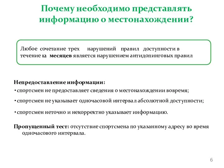 Почему необходимо представлять информацию о местонахождении? Непредоставление информации: спортсмен не предоставляет