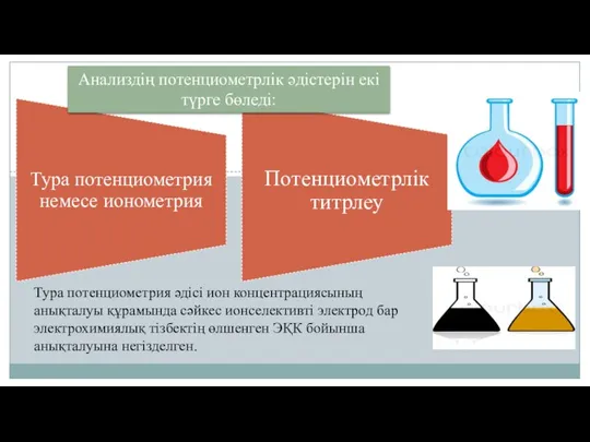 Анализдің потенциометрлік әдістерін екі түрге бөледі: Тура потенциометрия әдісі ион концентрациясының