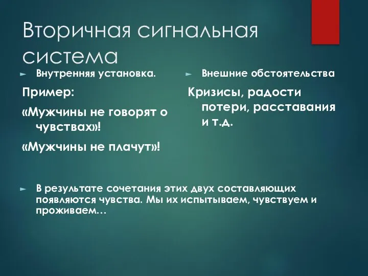 Вторичная сигнальная система Внутренняя установка. Пример: «Мужчины не говорят о чувствах»!