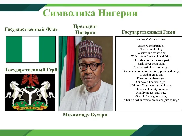 Символика Нигерии «Arise, O Compatriots» Arise, O compatriots, Nigeria’s call obey