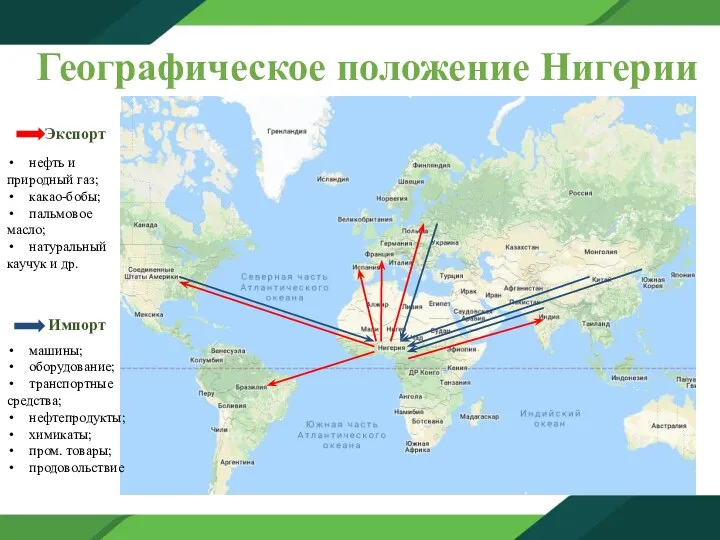 Географическое положение Нигерии Экспорт Импорт нефть и при­род­ный газ; ка­као-бо­бы; паль­мо­во­е