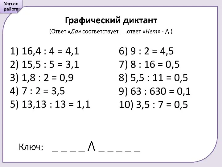 Устная работа 16,4 : 4 = 4,1 15,5 : 5 =