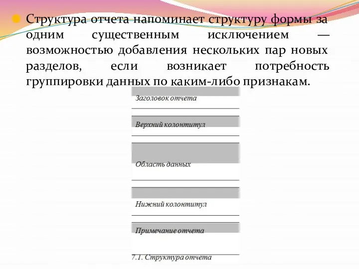 Структура отчета напоминает структуру формы за одним существенным исключением — возможностью