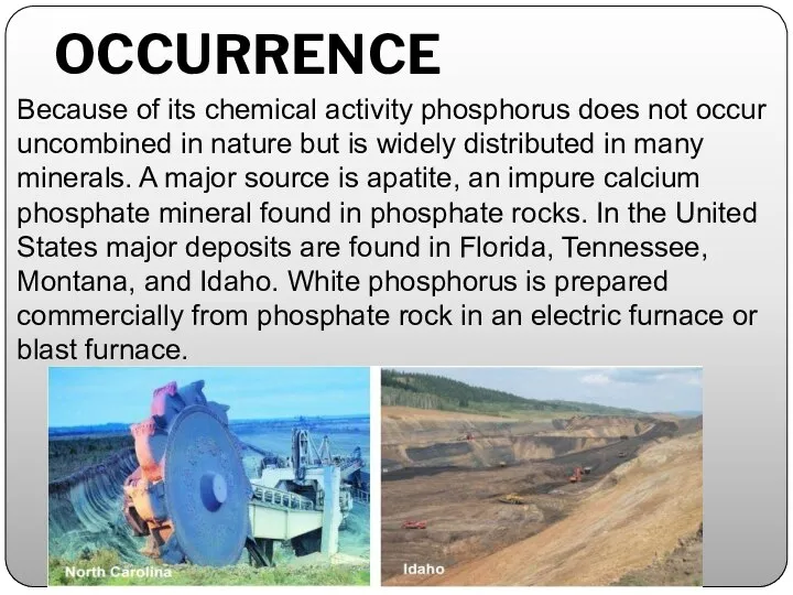 OCCURRENCE Because of its chemical activity phosphorus does not occur uncombined