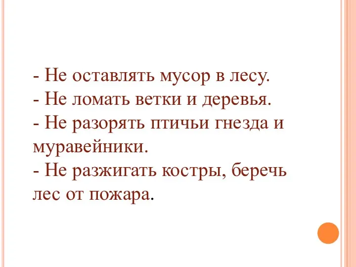 - Не оставлять мусор в лесу. - Не ломать ветки и