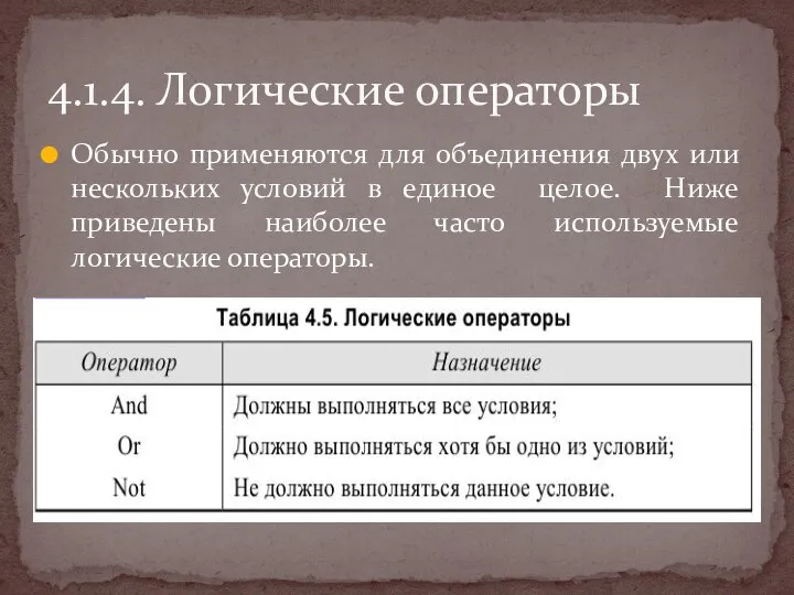 Обычно применяются для объединения двух или нескольких условий в единое целое.