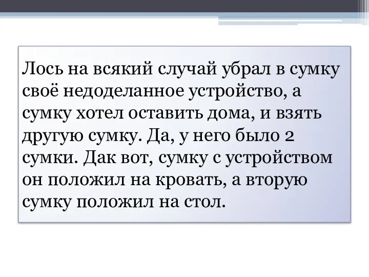 Лось на всякий случай убрал в сумку своё недоделанное устройство, а