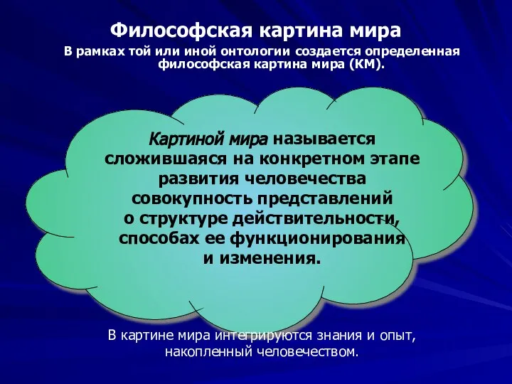 Философская картина мира В рамках той или иной онтологии создается определенная