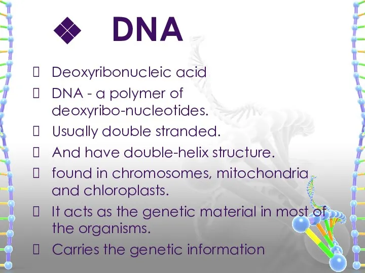 Deoxyribonucleic acid DNA - a polymer of deoxyribo-nucleotides. Usually double stranded.