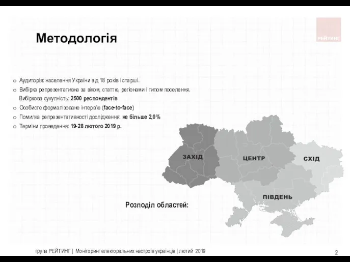 Методологія Аудиторія: населення України від 18 років і старші. Вибірка репрезентативна