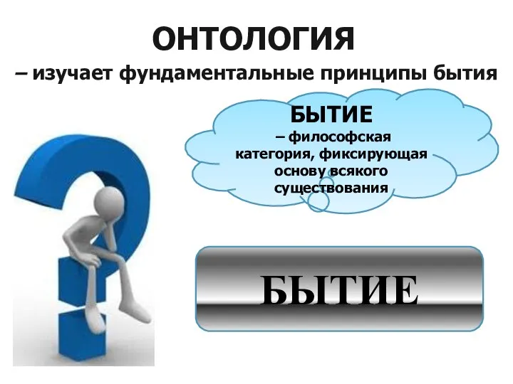 ОНТОЛОГИЯ – изучает фундаментальные принципы бытия БЫТИЕ – философская категория, фиксирующая основу всякого существования БЫТИЕ