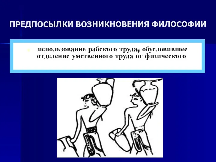 ПРЕДПОСЫЛКИ ВОЗНИКНОВЕНИЯ ФИЛОСОФИИ использование рабского труда, обусловившее отделение умственного труда от физического