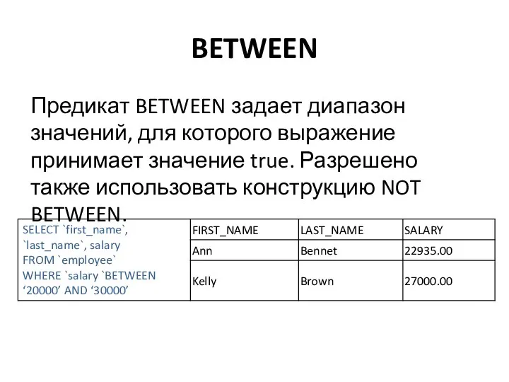 BETWEEN Предикат BETWEEN задает диапазон значений, для которого выражение принимает значение