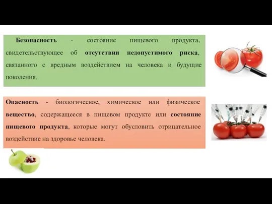 Безопасность - состояние пищевого продукта, свидетельствующее об отсутствии недопустимого риска, связанного