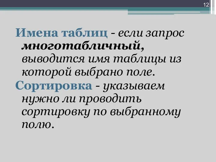 Имена таблиц - если запрос многотабличный, выводится имя таблицы из которой