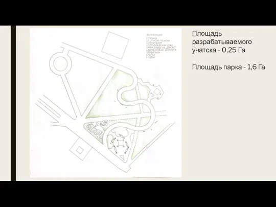 Площадь разрабатываемого учатска - 0,25 Га Площадь парка - 1,6 Га