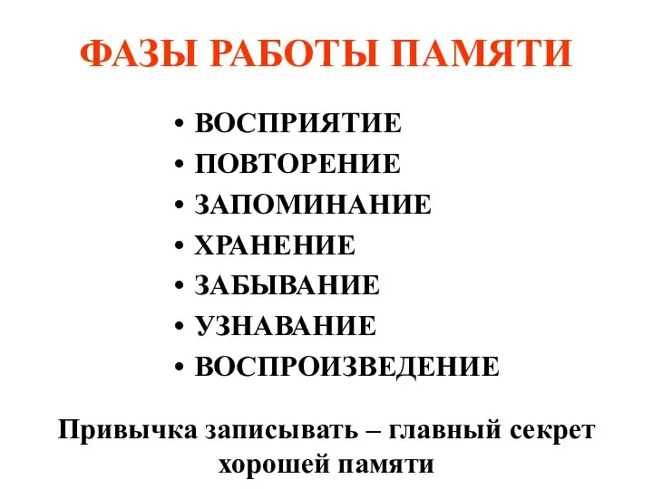 ФАЗЫ РАБОТЫ ПАМЯТИ ВОСПРИЯТИЕ ПОВТОРЕНИЕ ЗАПОМИНАНИЕ ХРАНЕНИЕ ЗАБЫВАНИЕ УЗНАВАНИЕ ВОСПРОИЗВЕДЕНИЕ Привычка