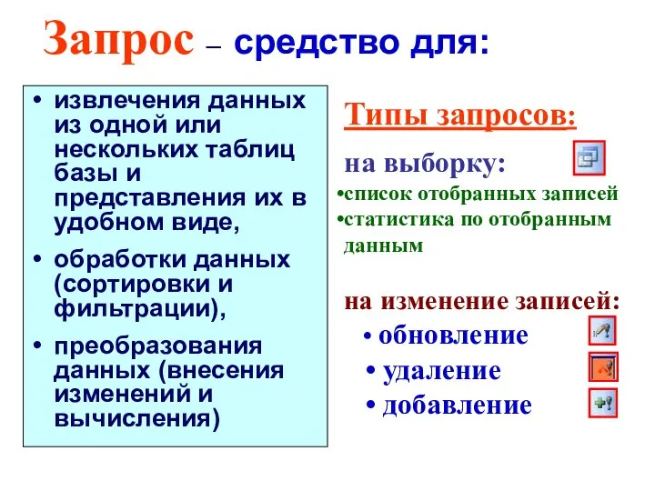 Типы запросов: на выборку: список отобранных записей статистика по отобранным данным