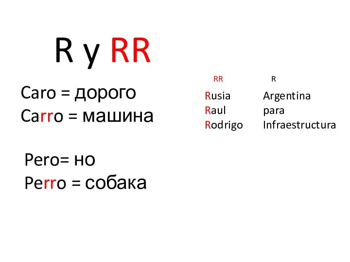 R y RR Caro = дорого Carro = машина Pero= но