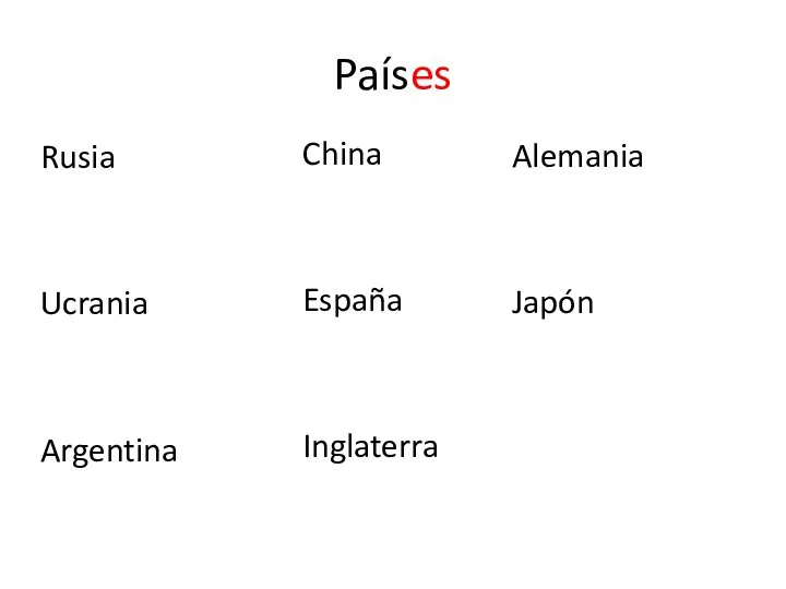 Países Rusia Ucrania Argentina China España Inglaterra Alemania Japón