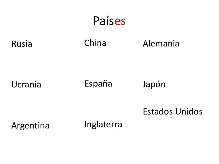 Países Rusia Ucrania Argentina China España Inglaterra Alemania Japón Estados Unidos