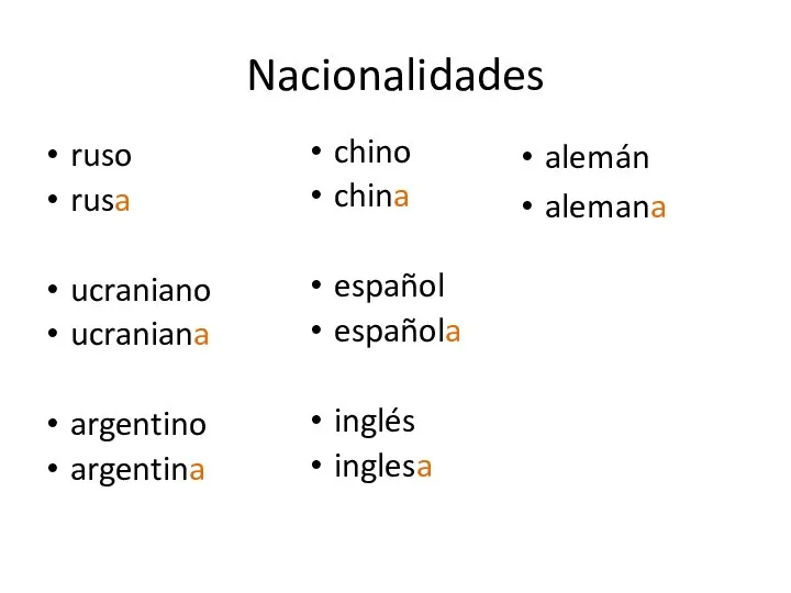 Nacionalidades ruso rusa ucraniano ucraniana argentino argentina chino china español española inglés inglesa alemán alemana