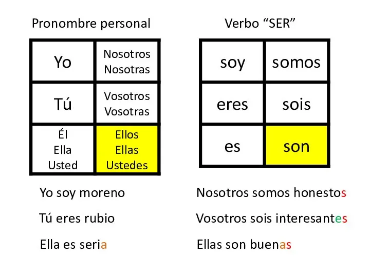 Yo soy moreno Tú eres rubio Ella es seria Nosotros somos