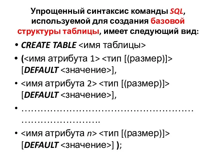 Упрощенный синтаксис команды SQL, используемой для создания базовой структуры таблицы, имеет