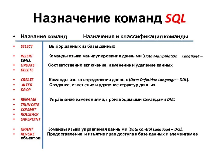 Назначение команд SQL Название команд Назначение и классификация команды SELECT Выбор