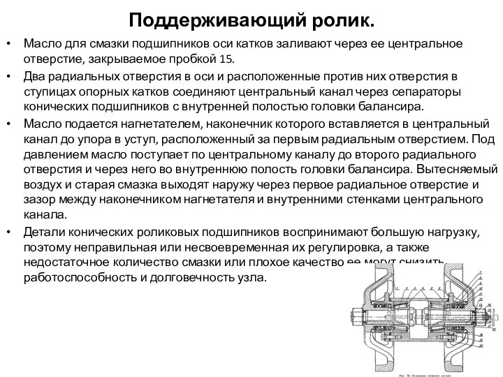 Поддерживающий ролик. Масло для смазки подшипников оси катков заливают через ее