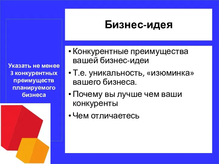 Бизнес-идея Конкурентные преимущества вашей бизнес-идеи Т.е. уникальность, «изюминка» вашего бизнеса. Почему