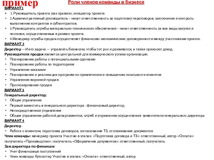пример Роли членов команды в бизнесе ВАРИАНТ1 1.Руководитель проекта (как правило,