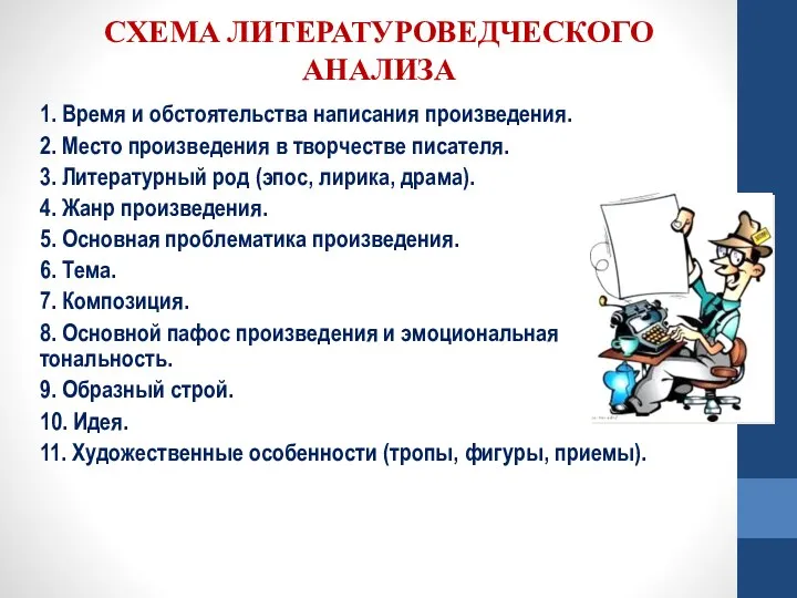 СХЕМА ЛИТЕРАТУРОВЕДЧЕСКОГО АНАЛИЗА 1. Время и обстоятельства написания произведения. 2. Место