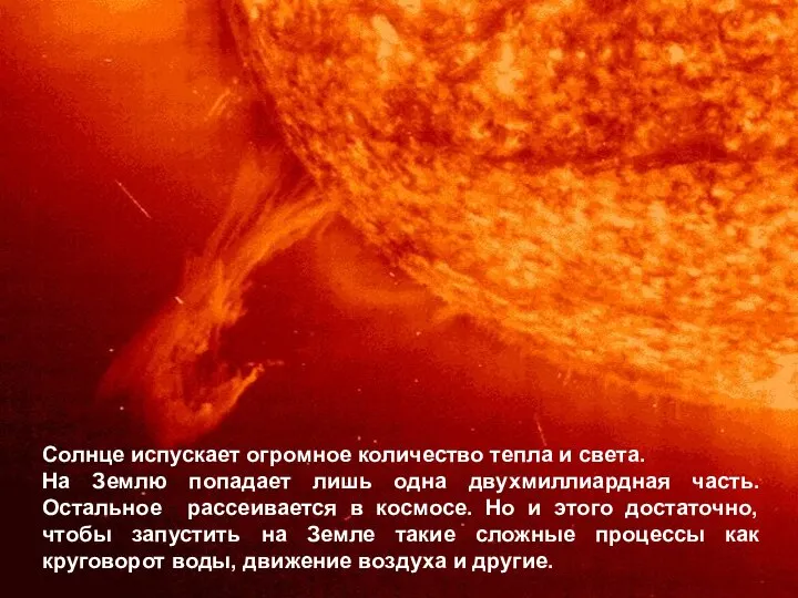 Солнце испускает огромное количество тепла и света. На Землю попадает лишь