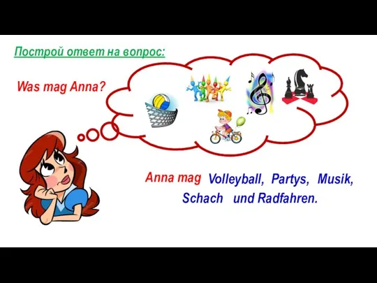 Построй ответ на вопрос: Was mag Anna? Anna mag Volleyball, Partys, Musik, Schach und Radfahren.