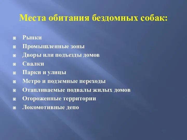 Места обитания бездомных собак: Рынки Промышленные зоны Дворы или подъезды домов